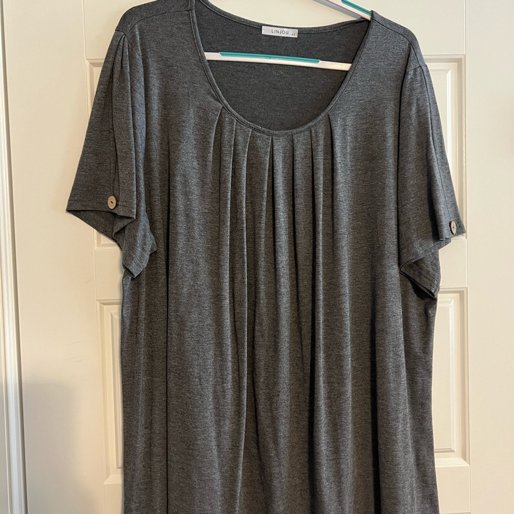 Gray Pleated Short Sleeve Relaxed Blouse